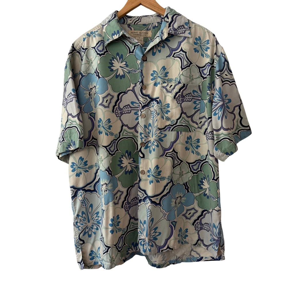 Island Republic Mens‎ XL Blue Floral Hibiscus 100% Silk Short Sleeve Camp Shirt